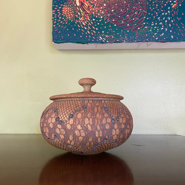 Don McWhorter Studio Craftsman made Ceramic Pottery Stoneware large decorated round lidded vessel or pot 