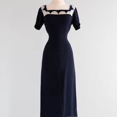 Elegant 1950's Howard Greer Navy Blue Wiggle Dress With Accents / ML