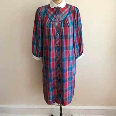 Plaid House Dress with Contrast Collar - 1980s 