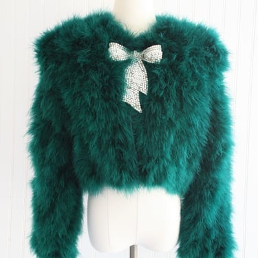 Emerald Green - Marabou - Feather - Cropped Jacket - Crystal Bow - Bespoke/Atelier/Couture - Estimated M/L 