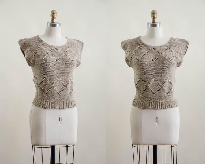 brown knit sweater vest | 70s 80s vintage tan light brown academia thick chunky cropped sleeveless sweater 