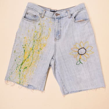 Denim Embroidered and Hand Painted Shorts By Bill Blass, 30