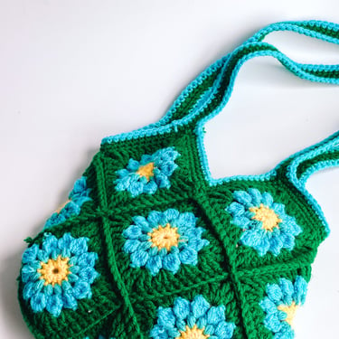 Vintage Green and Blue Daisy Crochet Bag