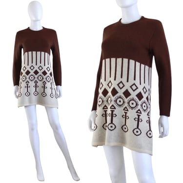 1970s Geometric Knit Sweater Dress - 1970s Mod Sweater Dress - 70s Boho Sweater Dress - Vintage Knitwear - 70s Fall Dress | Size Small / Med 