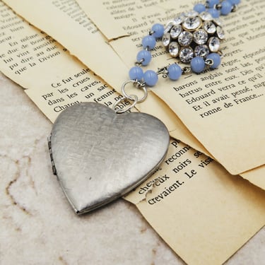 Patterned Silver Heart Locket, Vintage Rhinestone and Blue Beaded Chain, Heart Pendant with Photos, Your Photos Included 