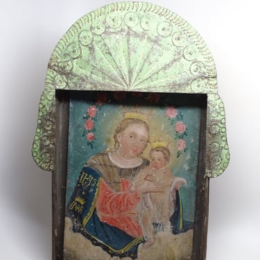 Antique 1800's Virgin Mary with Baby Jesus in Nicho Altar Shrine, Madonna and Child Retablo Hand Painted on Tin 