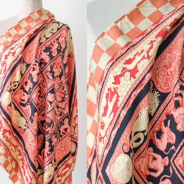 Vintage 80s Gianfranco Ferre Mystical Garden Baroque Print Hand Rolled Scarf | Made in Italy |  100% Silk | 34 X 33 | 1980s Designer Scarf 