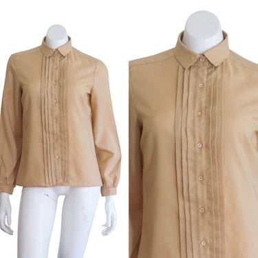 Vintage 1980s Tan Blouse with Pleated Front 