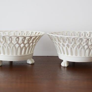 Porcelain Pierced Baskets. Pair of Reticulated Bowls. White Ceramic Footed Dishes. 