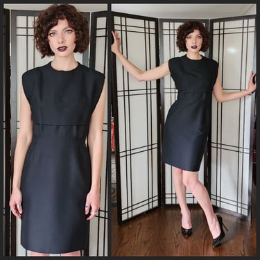 60s Black Sleeveless Party Dress Tailored Wool Mod 
