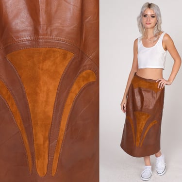 70s Leather Skirt Brown Suede Midi Skirt High Waisted Tonal A-Line Skirt Boho Hippie A Line Seventies Western Bohemian Vintage 1970s Small 