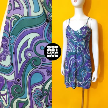 Incredible Rare Vintage 70s Blue & Purple Psychedelic Pucci Style Mini Tank Dress 