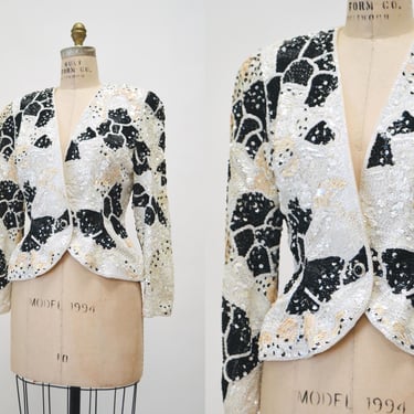 90s Stunning White and Black Beaded Floral Jacket Small // Vintage White Cream Sequin Jacket Wedding Glam 80s 90s Party Dynasty Jacket 