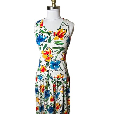 Vintage 1980s Adrienne Vittadini 40s Style Cotton Criss Cross Back Multicolored Floral Dress Size S 