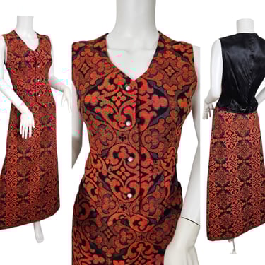 1970s Orange Tapestry Print 2 Pc Vest I Maxi Skirt I Set I Sz Med I Tami Original 