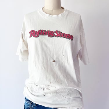 SIZE L Vintage Rolling Stone Magazine Thrashed White T Shirt - Holes, Painted, Worn 
