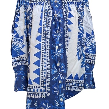 Farm - Blue & White Tapestry Print Off-The-Shoulder Blouse Sz M