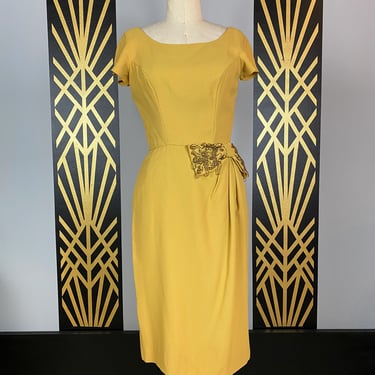 1950s wiggle dress, mustard yellow, vintage 50s dress, beaded bow, hourglass fit, mrs maisel style, small, draped skirt, rayon crepe, pin up 