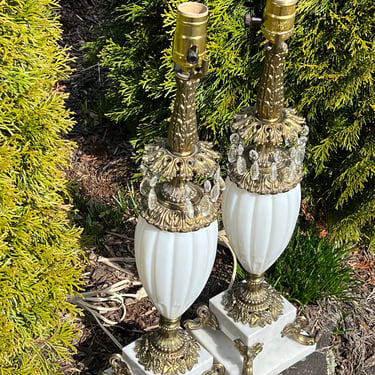 Hollywood Regency Lamps set of 2 White Marble and Crystal 