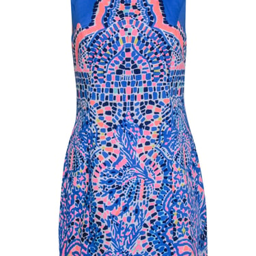 Lilly Pulitzer - Blue, Neon Pink & Yellow Mosaic Print Sheath Dress Sz 4