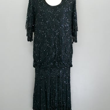 1980s Beaded Cocktail Dress by Judith Ann Creations- Black Evening Gown- Size Medium 