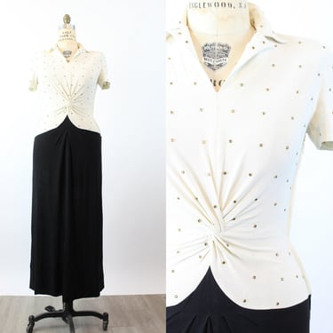 1940s GOLD STUDDED bi color rayon dress medium | new spring 