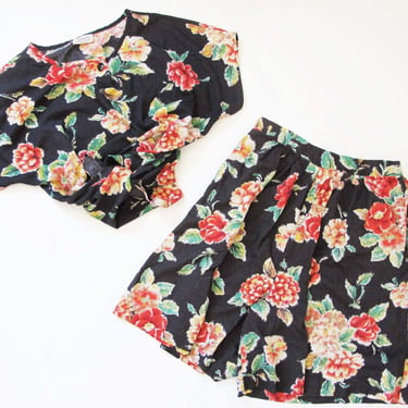 90s Black Floral Co Ord Shirt Shorts Set M L - Vintage 1990s Womens Matching Long Shorts Blouse Outfit - Long Mom Shorts Elastic Waist 