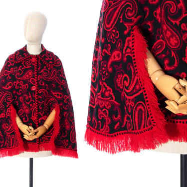 Vintage 1970s Cape | 70s Paisley Woven Cotton Fringe Red Black Button Up Psychedelic Retro Poncho Coat (x-small/small/medium/large) 