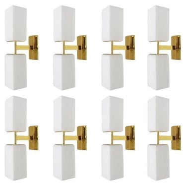 Set of Eight Italian Modern Sconces w/ White Murano Glass on Brass, 1990s