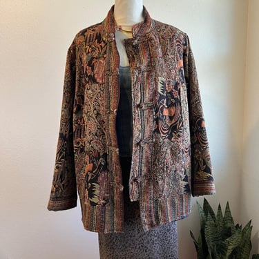 Vintage Botanical Tapestry Made in India Button Front Jacket with Pockets XL 