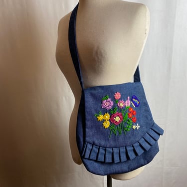 60’s- 70’s denim purse hand embroidered flowers & butterfly Ruffle Cross body/ shoulder bag groovy boho hippie girl colorful flower power 