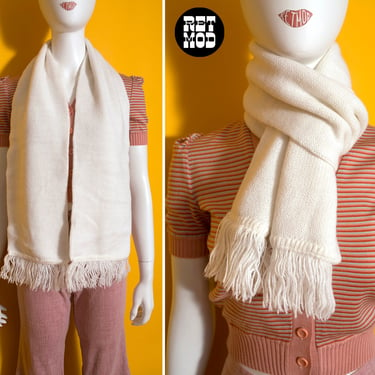 Simple & Sweet Vintage 70s 80s Solid White Knit Scarf with Fringe 