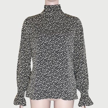 Black White Polka Dot Blouse Size Small Long Bell Sleeve Top Mock Neck Fall Top 