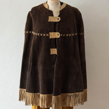 Vintage 70s Espresso Brown Suede Fringed Cape S/M