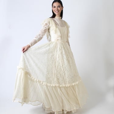 Floor Length Victorian Wedding Dress, Elegant Cream Crochet Lace, Womens Long Tiered Bridal Maxi Gown, Medium 