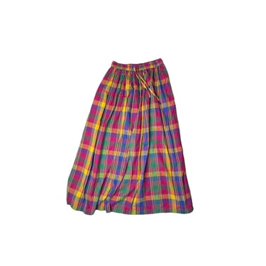 Vintage Susan Bristol Pink and Blue Plaid Cotton Maxi Skirt, with pockets Size S 