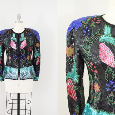 Vintage 1990s Heavily Beaded Silk "Eden" Jacket | XS-S | 1980s/90s Beaded and Sequined Floral Design Blouse | Top 