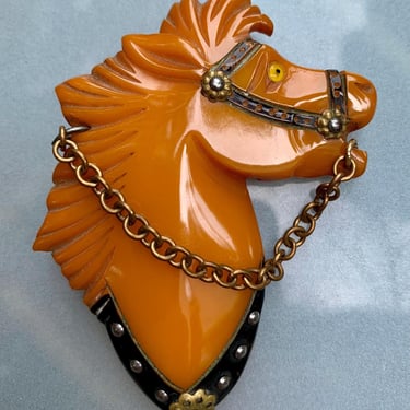 1940's Bakelite Horse Head Brooch - Hand Carved & Painted in Butterscotch Bakelite - Brass Reins with Rosettes 