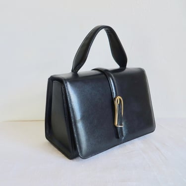 Vintage 1960's Bienen Davis Black Leather Structured Purse Mod Style Top Handle Gold Clasp Hardware 60's Handbags Mid Century Purses 