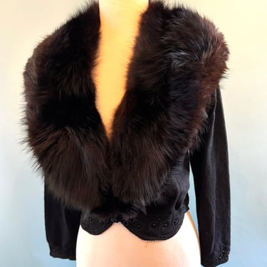 Luscious Vintage 1960's Cashmere Sweater with Bead work and Huge Fox Fur Collar!-- Size Medium 
