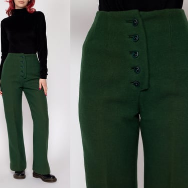 XXS 60s Dark Forest Green Wool Pants 22" | Vintage Button Fly High Waisted Retro Flared Trousers 