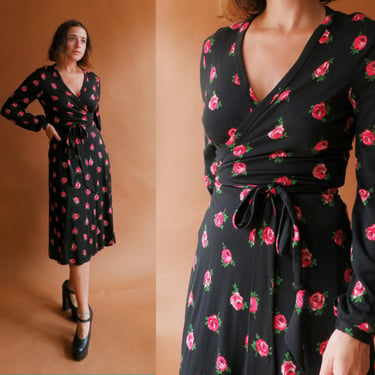 Vintage 70s Diane Von Furstenberg Rose Print Wrap Dress/ 1970s Black DVF Long Sleeve Jersey Dress/ Size Small Medium 