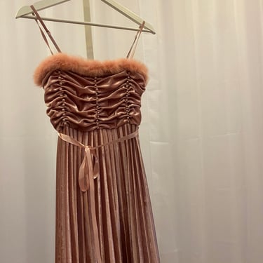 Vintage fur dress, pink pleaded dress, beaded pink feather dress  gown small s 6 