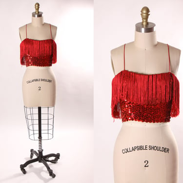 1970s Red Sequin Fringe Shimmy Spaghetti Strap Disco Crop Top Blouse 