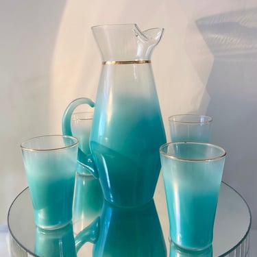 West Virginia Glass Company Aqua Blue Pitcher and 4 Glass Set | 1950s drink ware 