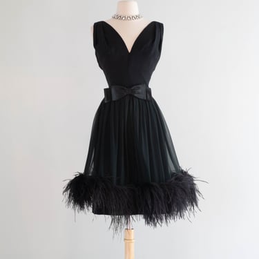 Absolutely Fabulous 1960's Lilli Diamond Little Black Cocktail Dress With Feathers / Medium