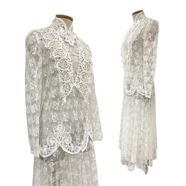 Vtg 80s 1980s 20s 1920s Gatsby Deco White Lace Sheer Drop Waist Wedding Dress 