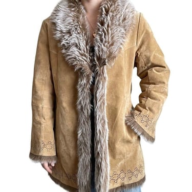 Vintage Womens Y2K Genuine Brown Suede Faux Fur Penny Lane Shearling Coat 