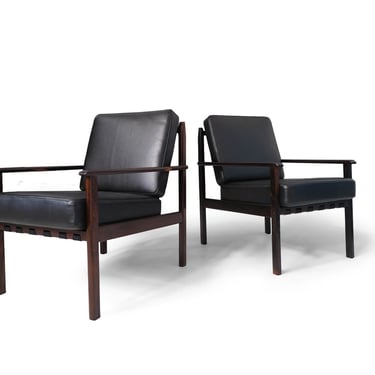 Mid-century Brazil Modern Lounge Chairs in Black Leather