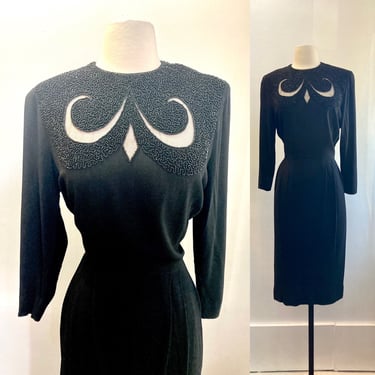 Vintage 40s Dress / BEADED + CUTOUTS / OWL Face / Long Sleeve + Midi Length + Back Zip / Inky Black Rayon Gabardine 